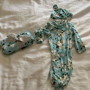 Baby gown, hat and swaddle blanket